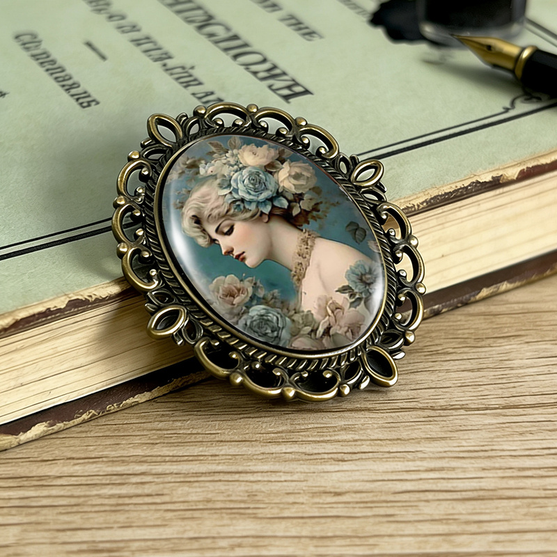 Blue Rose Beauty Portrait Brooch, Lace-Edged Glass