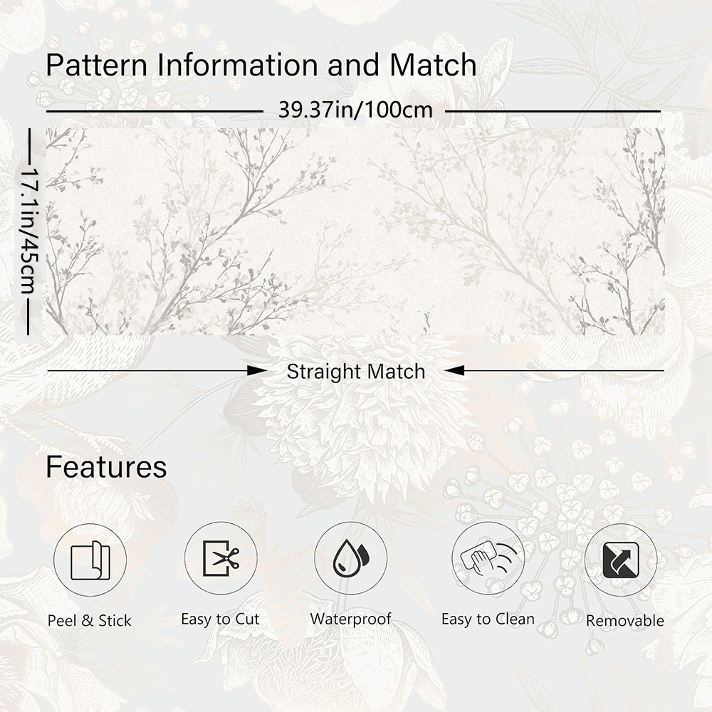 TEMU 1 Roll 45x100cm (17.7x39.4in) Beige Wallpaper Peel And Stick Floral Wall Paper Removable Wipeable Floral Contact Paper Self Adhesive For Kitchen