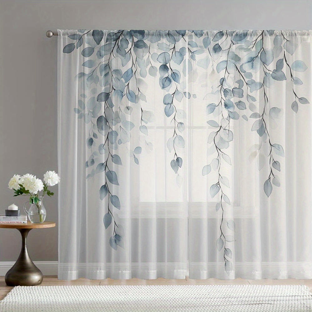 TEMU 2pcs Vine Fresh Printed Home Decor Sheer Curtains, Rod Pocket Curtain Panels, Flowy Sheer Drapes Suitable For Kitchen Room Balcony Garden