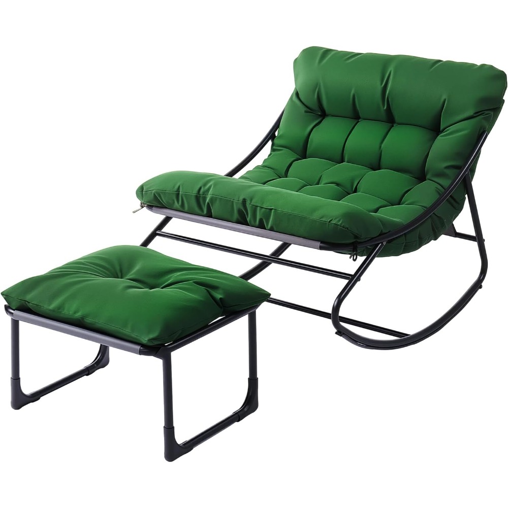 Image of Bonnlo Outdoor Rocking Chair With Ottoman - Heavy-duty Metal Rocking Chair Suitable For Garden, Patio, Balcony - Dark Green & Stool, Wide, Weight Capacity 180kg (/outdoor Use)