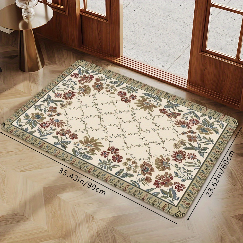 TEMU 1pc Vintage Floral Border Doormat - Soft Absorbent Non-slip Bath Mat, Machine Washable 100% Polyester With Pvc Backing For Indoor/outdoor