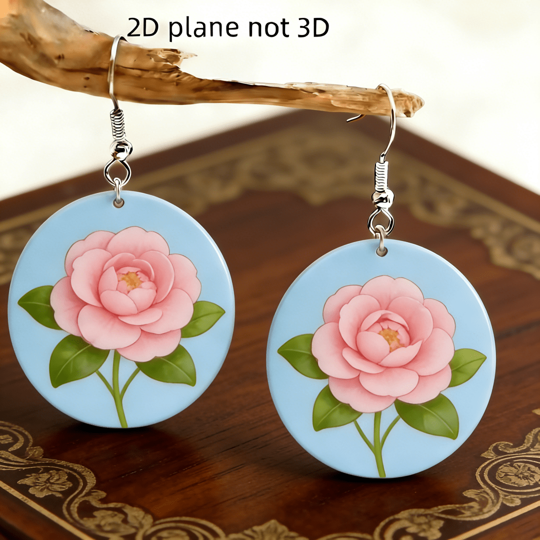 Women's Pink Camellia Flower Round Acrylic Drop Earrings