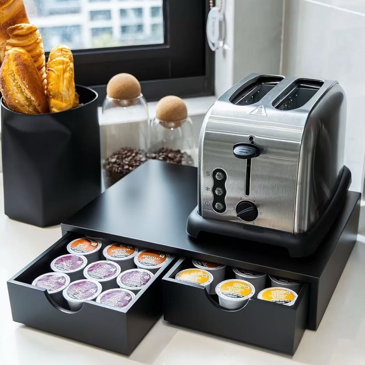 Wood Capsule Storage Box With Drawer - Multi-compartment Organizer Suitable For Coffee Pods, Tea Bags, Capsules - Countertop Or Office Use, Wood