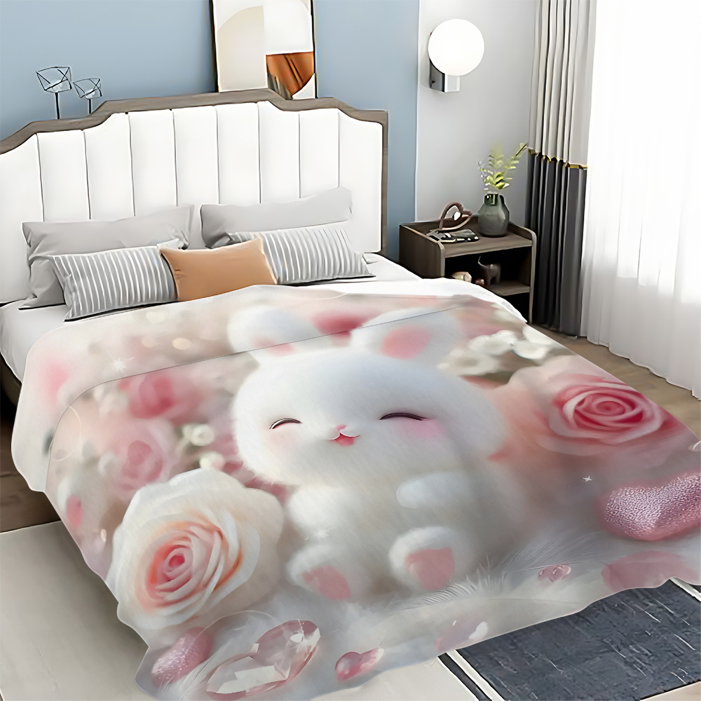 Soft Pink Rabbit Pattern Printed Portable Blanket for Travel