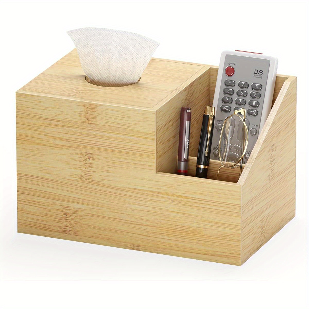 bamboo square tissue box cover a multifunctional organizer for your nightstand   storing tissues in   bathroom or office it features compartments for holding ipads phones and remote controls natural Product details 5