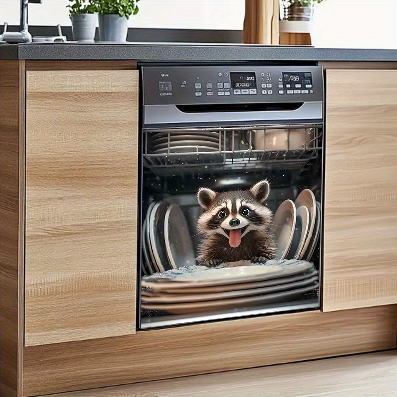 Image of 2pcs, 2d Flat Pattern Stickers - Cute Raccoon Design - Suitable For Dishwasher Surface, Washing Machine Surface, Refrigerator, Cabinet, Room Door, Bedroom, Kitchen, Office And More, 2d Flat