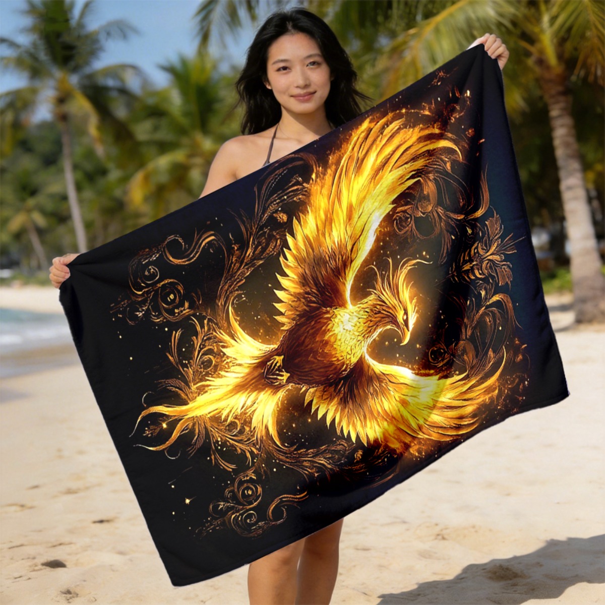 TEMU 1pc, Golden Phoenix Pattern, Ornate Dark-colored Background, Absorbent Beach Towel, Soft And Comfortable, Lightweight And Portable, Unisex