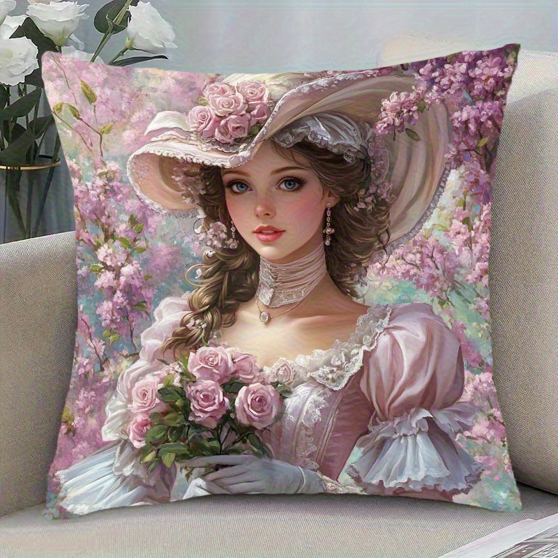 TEMU 1 pièce Taie d'oreiller vintage , Housse de coussin imprimée dame à chapeau haut-de- floral avec de fleur en pleine floraison, Style européen ,