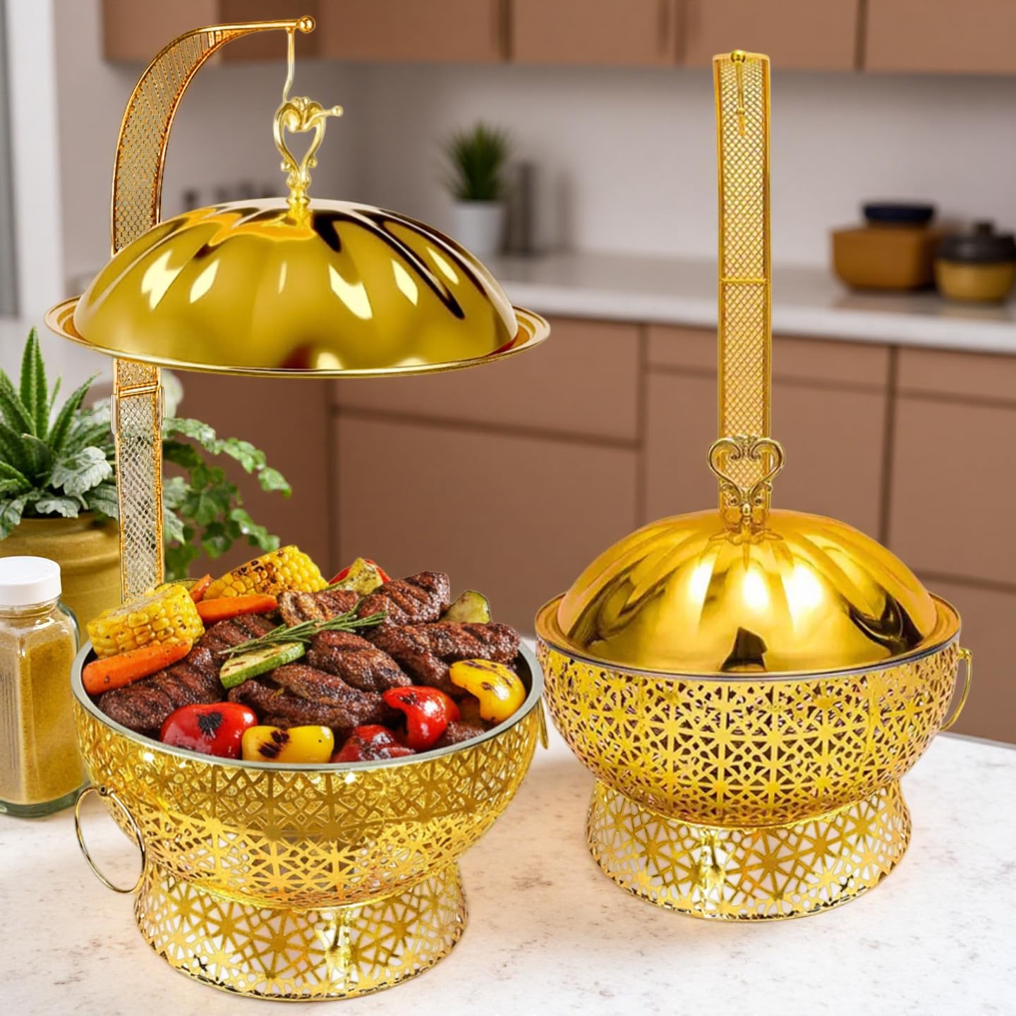 Image of Golden Chafing Dishes For Buffet, 8qt Luxury Chafing Dishes With Hanging, Elegant Hollow-out Buffet Warmer For Weddings, Parties, Catering & Events, 8 Packs, Cooking