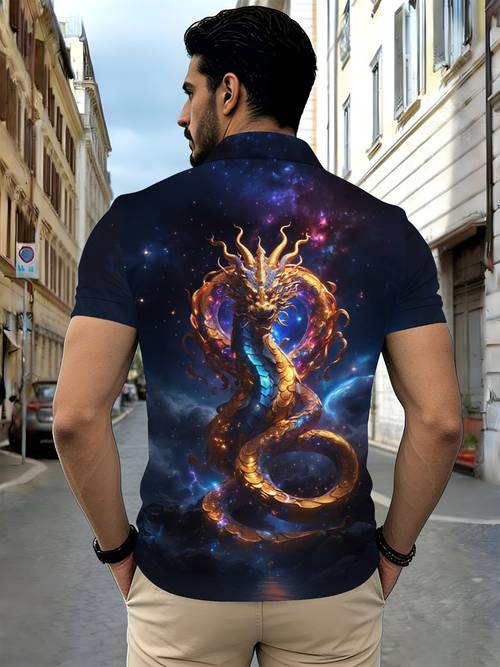 summer mens short sleeve shirt with dragon print fashionable and breathable design for casual wear outdoor activities travel or daily use lightweight and in color