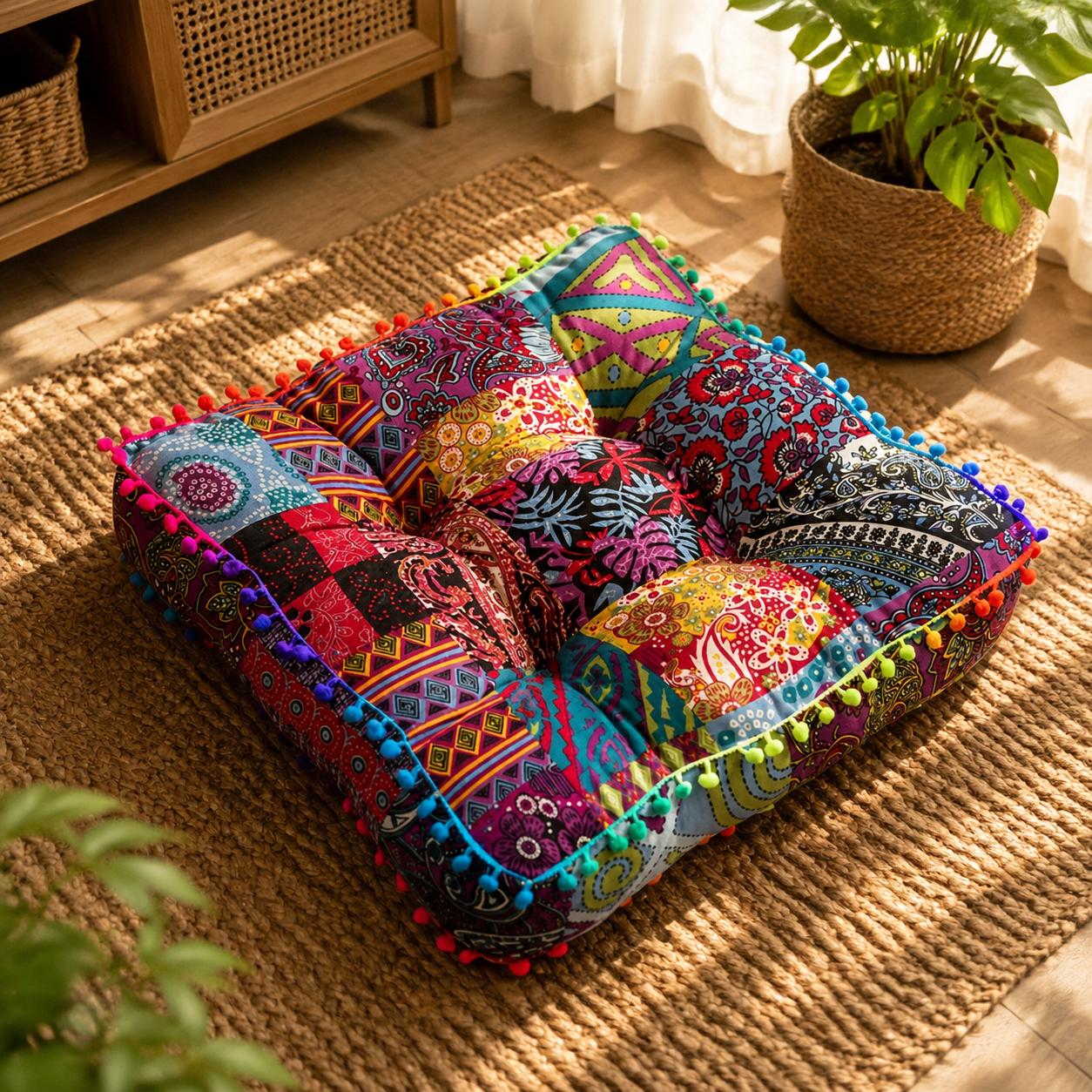 TEMU Coussin Carré Épais de Style Bohème avec Décorations de Boules, Polyvalent, Adapté à Toutes , Fabriqué en Tissu Respirant, et Épais, Idéal pour