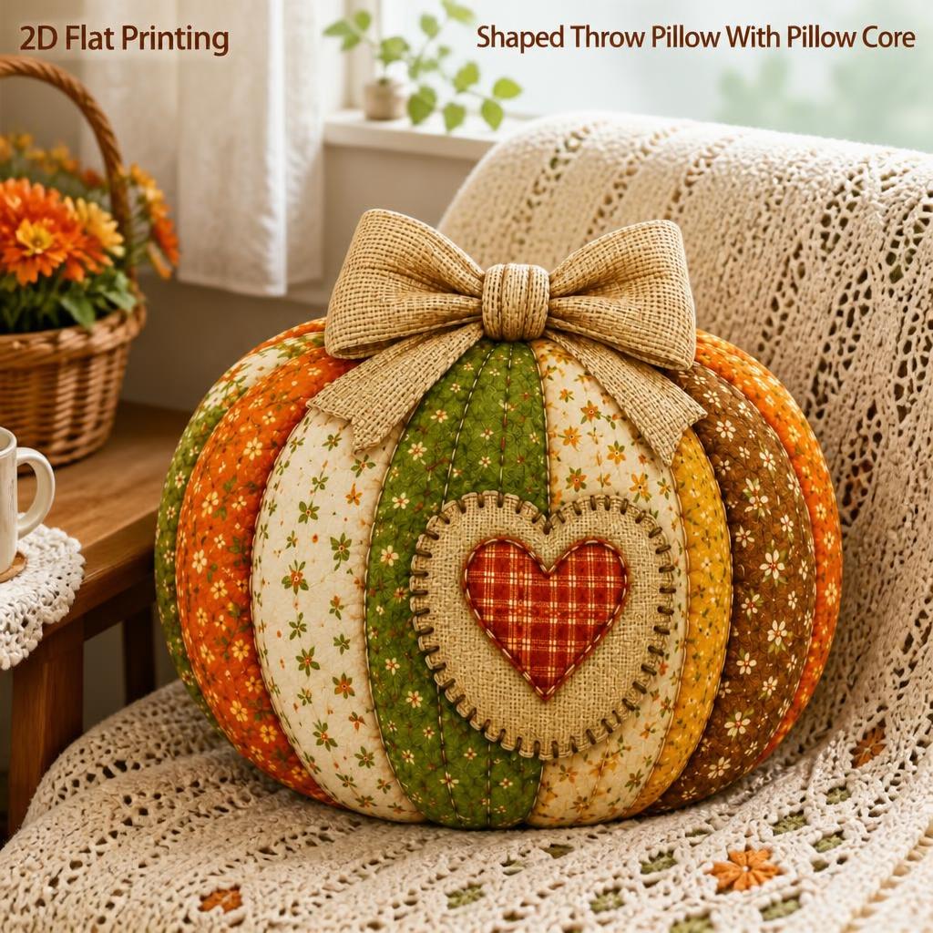 TEMU Coussin décoratif de cœur patchwork citrouille récolte, cadeau pour amateurs, pour salon et chambre, décor rustique et automnal, impression 2D à