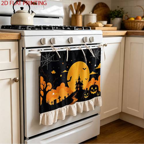 2d flat 2d flat 2d kitchen oven protection curtain spooky halloween moon bat pumpkin castle pattern multifunctional decorative curtain suitable for kitchen oven hood washing dishwasher halloween christmas kitchen decoration
