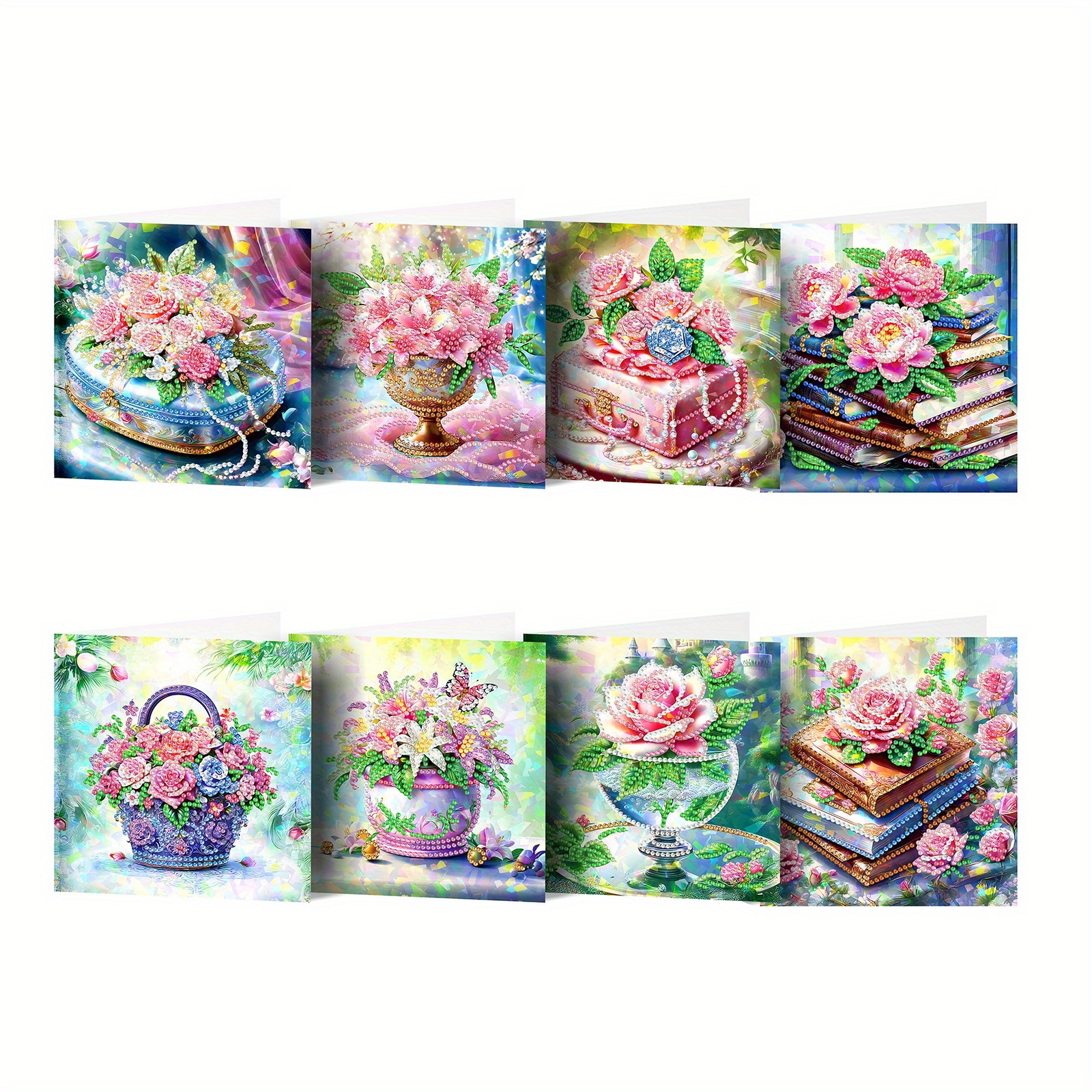 Diamond Painting - 8pcs Greeting Card Set - Pink Bouquet, Round Diamonds, Handmade Holiday Greetings, Perfect Gift For On Birthdays And Special Occasions, Expressing Your And Words