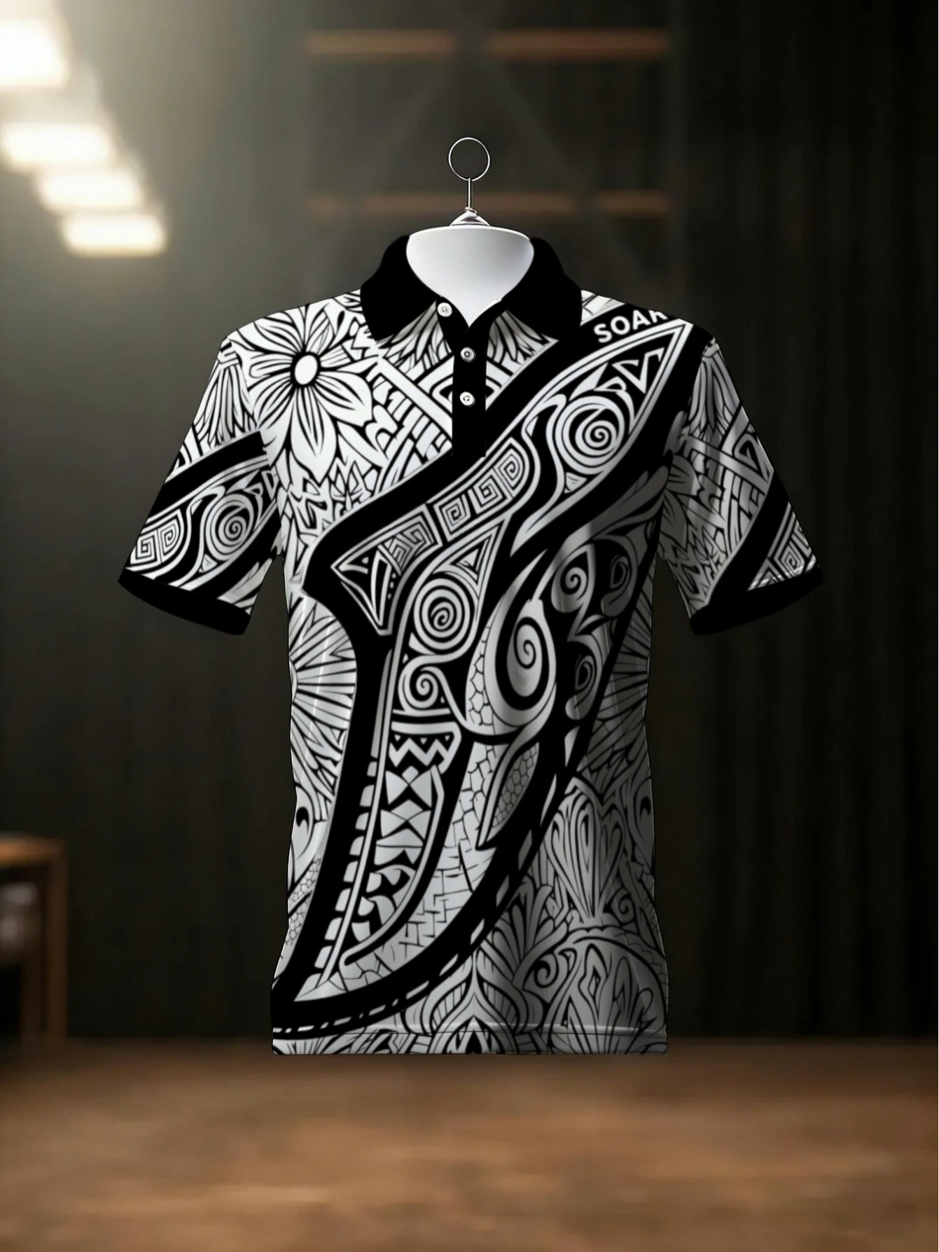 mens breathable polyester   shirt featuring a   black and white tribal pattern ideal for casual     or leisure designed for   it   a perfect gift