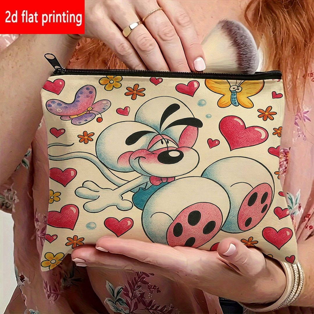 Image of 1pc Women's Makeup Bag 2d Flat Cute Cartoon Mouse Print Organizer - Romantic Heart And Cosmetic Bag, Large Capacity Multifunctional Toiletry Bag For , Travel Storage, Student Supplies - Girly Gift
