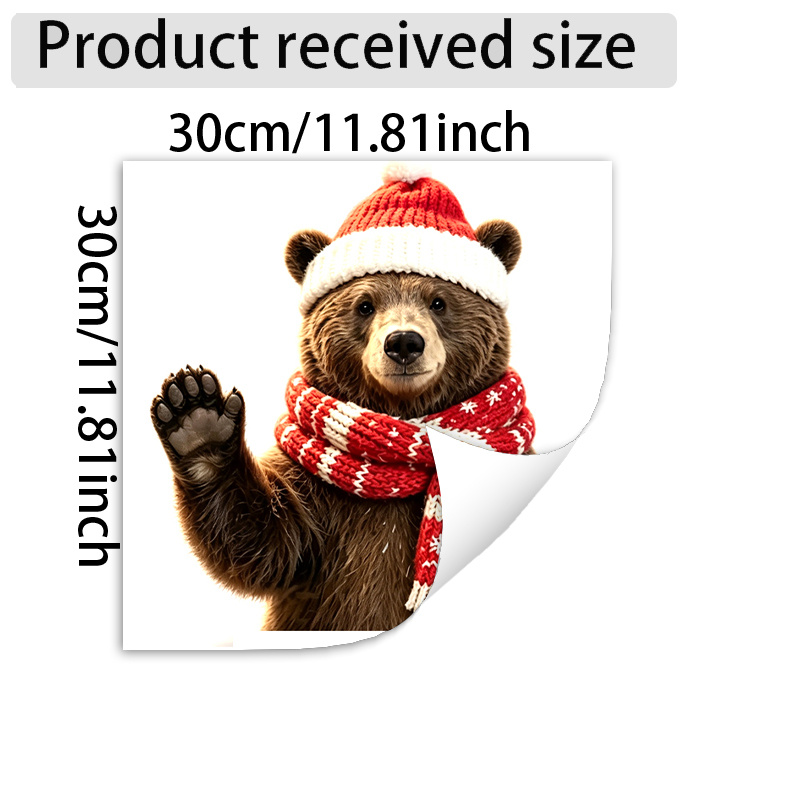 TEMU 2d Flat - 2d Flat - 2d Flat Printing Christmas Waving Bear Window Sticker, Knitted Santa Hat Snowflake Pattern Scarf Bear Window Waving Winter