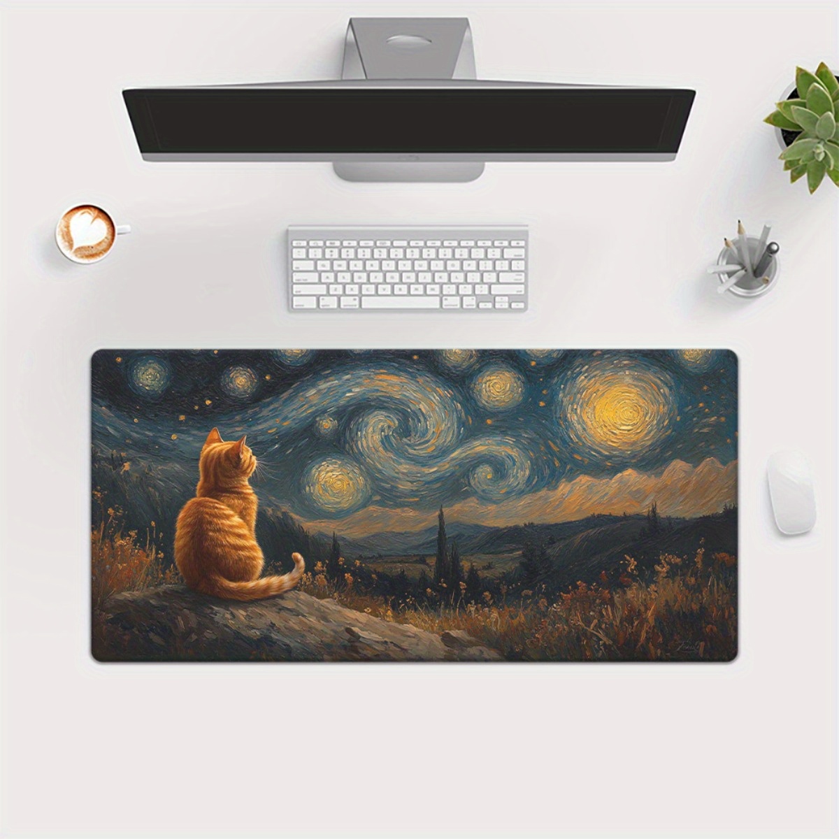 TEMU 1pc Alfombrilla XXL para Escritorio con Impresión HD de Gato el Cielo Estrellado, Multifuncional para Teclado y Ratón, Tapete para Gaming y