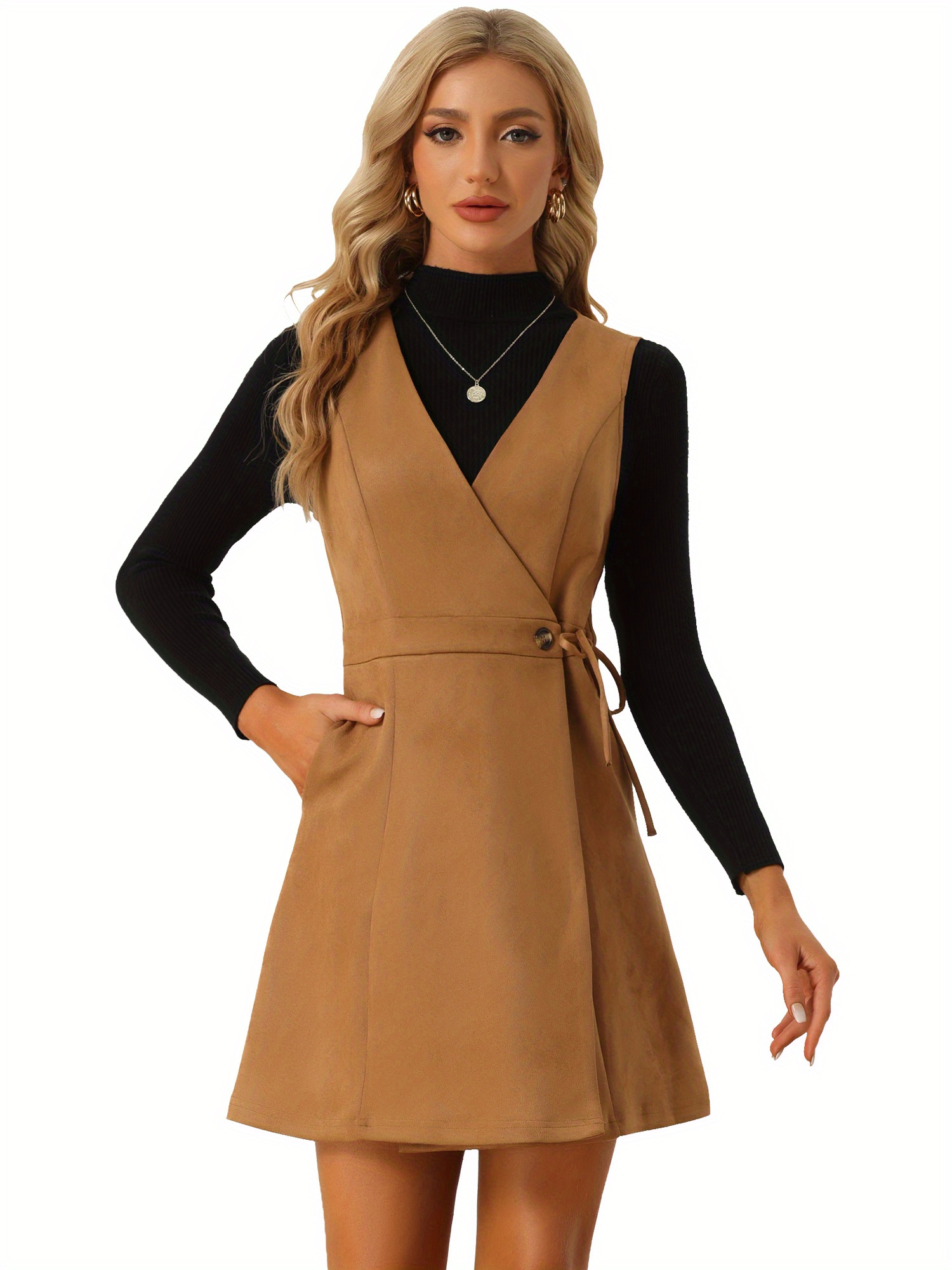 pinafore dress women solid color v neck strap decor button - Temu