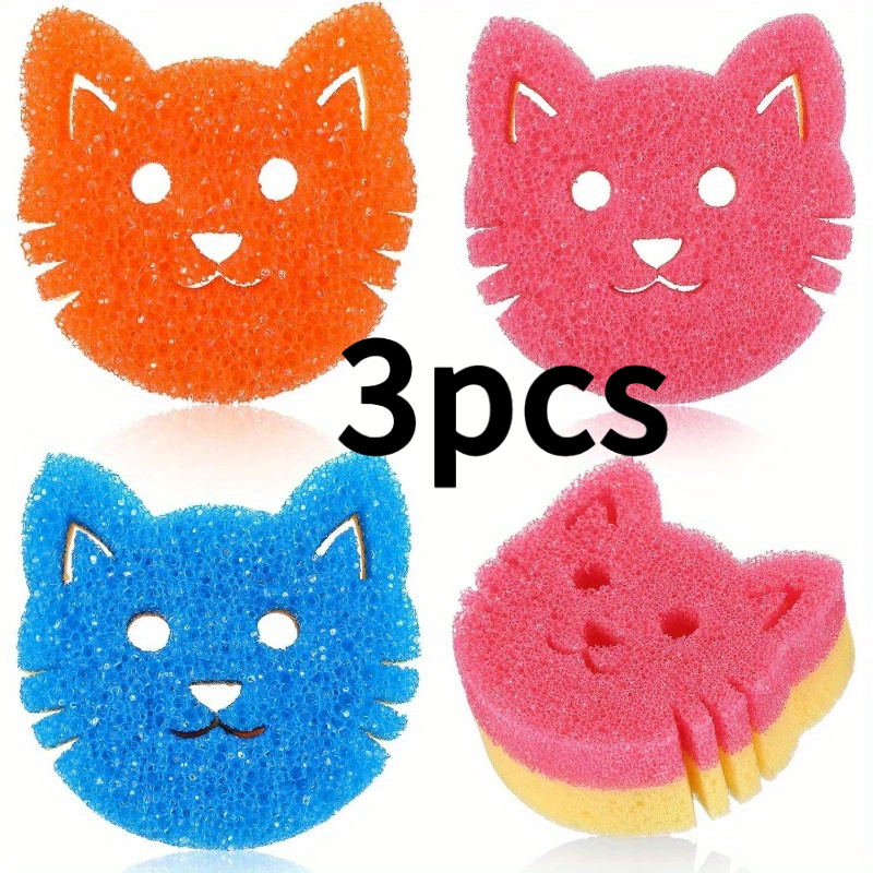 3pcs Double-sided Scrub Sponges, Temperature-sensitive Surface - Scratch-free Dishwasher Safe, Cat , Suitable For Kitchen, Bathroom And Pet Cleaning, Durable Kitchen Sponge