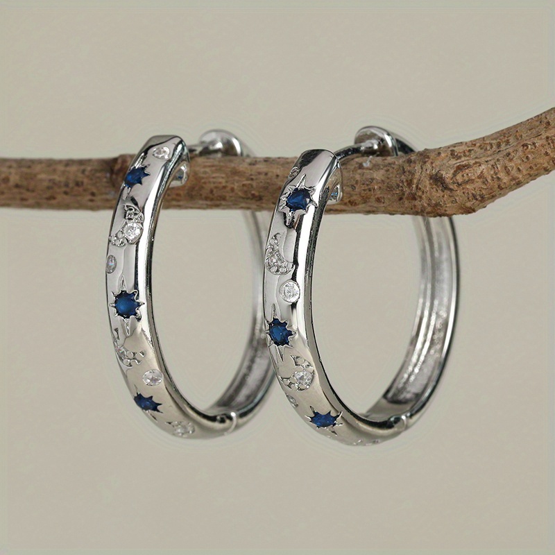 Image of Exquisite And Fashionable Star And Moon Hoop Earrings, Blue Synthetic Zirconia Earrings, Women's Trendy Versatile Earrings, Perfect Valentine's Day Gift