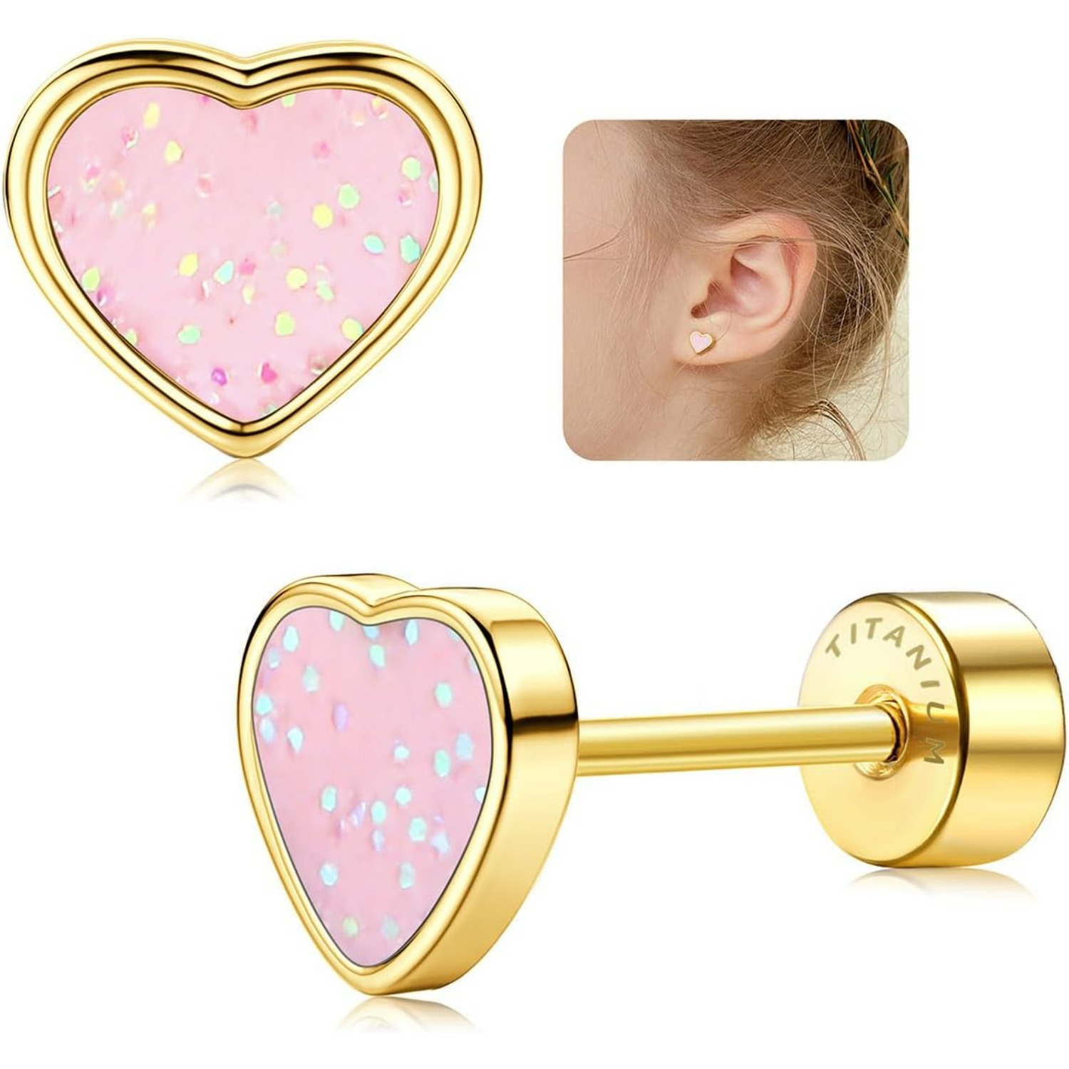 1pair Titanium Heart Love Earrings For Women | Tiny Sequins, Hypoallergenic, Cartilage Tragus Screw Back, Copper Alloy Plating, Style, Suitable For Daily And Gift- Occasions