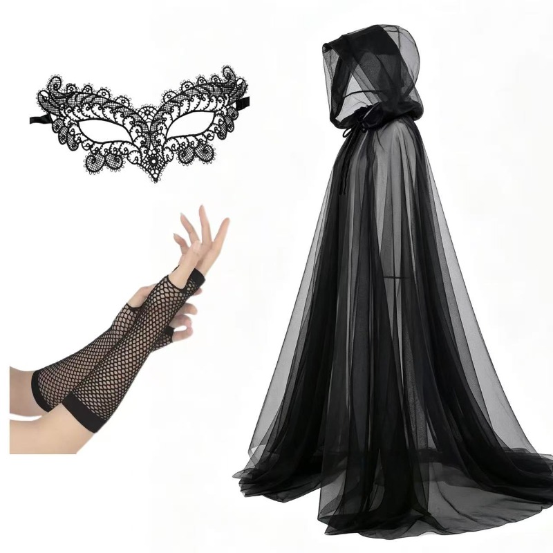 TEMU 3pcs Dark-themed Transparent Long Hooded Cloak Set, With Lace Mask And Fishnet Arm Sleeves, For Halloween Masquerade Cosplay. Halloween Witch