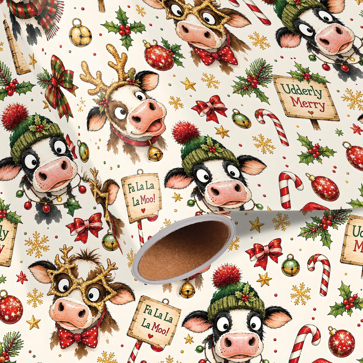TEMU Roll Cow-themed Christmas Wrapping Paper Suitable For Xmas Gifts, Birthdays & Party Decorations - Single-sided Print With Santa Hats, Reindeer,
