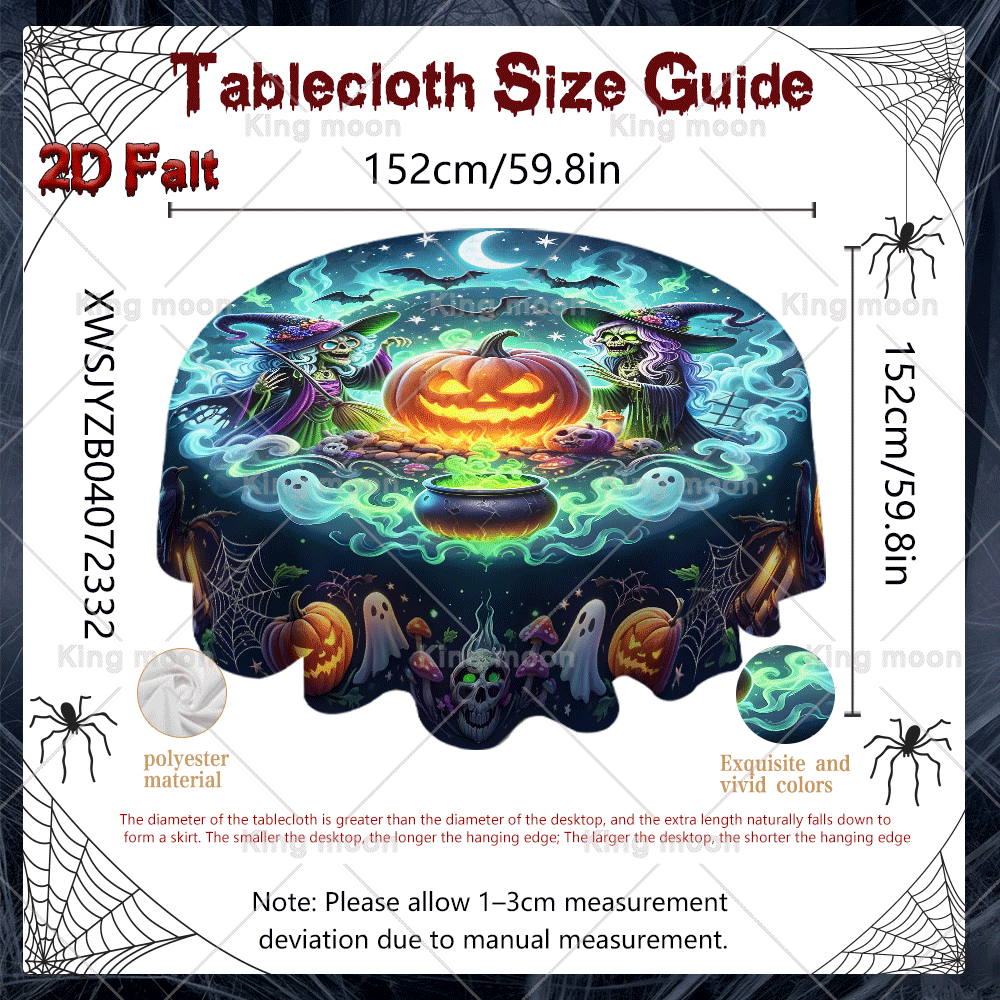TEMU 2d Flat Banner 1pc, For Halloween Party Decor Round Tablecloth, Polyester Table Cover, Witch Pumpkin Moon Night Pattern Tablecloth, Ideal Table