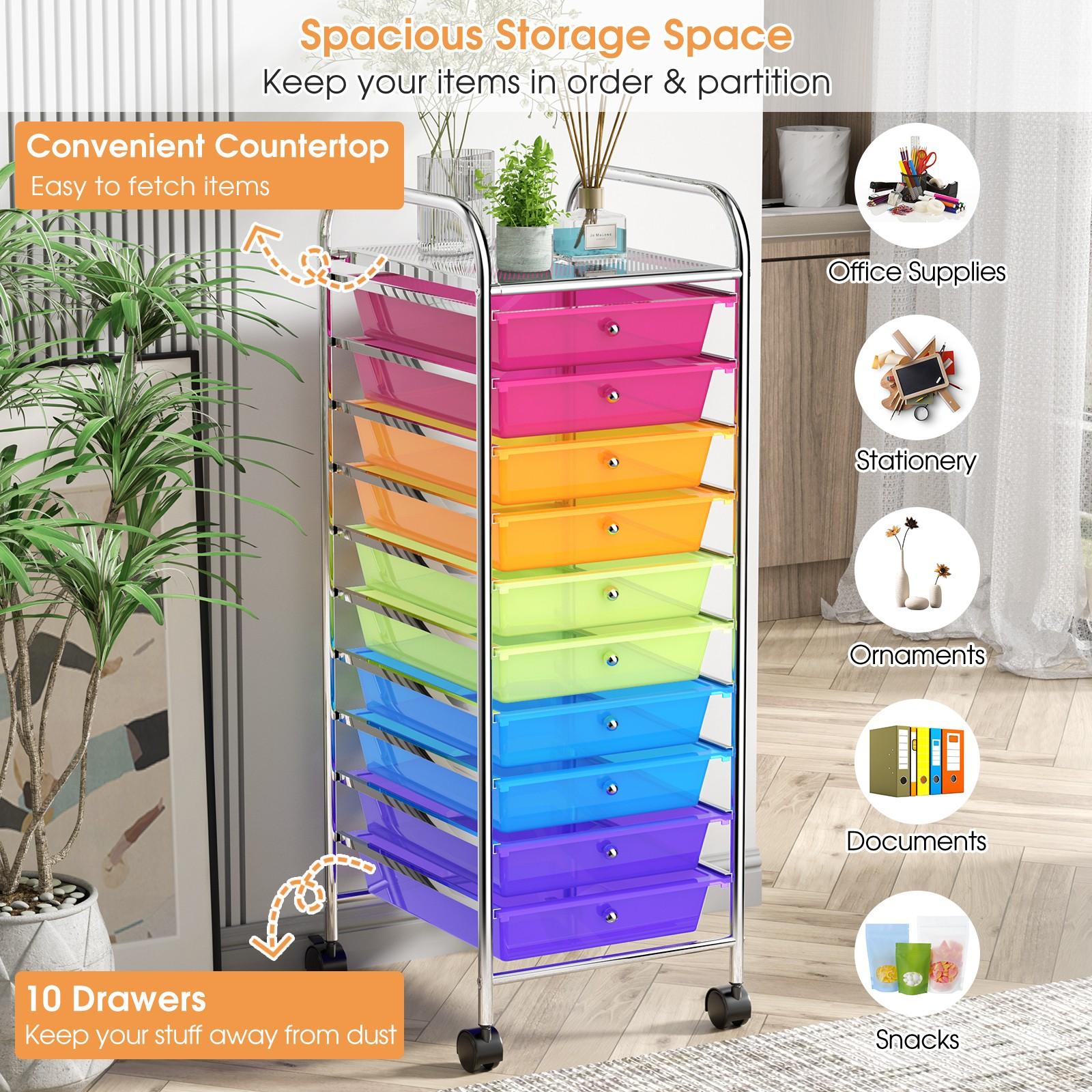   10 drawer heavy duty rolling storage cart with removable drawers multicolor     purple orange large mobile utility organizer sturdy metal frame pp drawers space saving cart for office kitchen