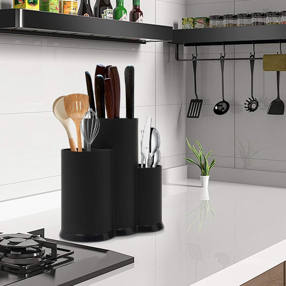 Image of 3-in-1 Universal Knife Holder - Black Pp Countertop Organizer For 5 Knives And Utensils (23x22.5cm) - Non-slip Tpr Base For Kitchen/restaurant