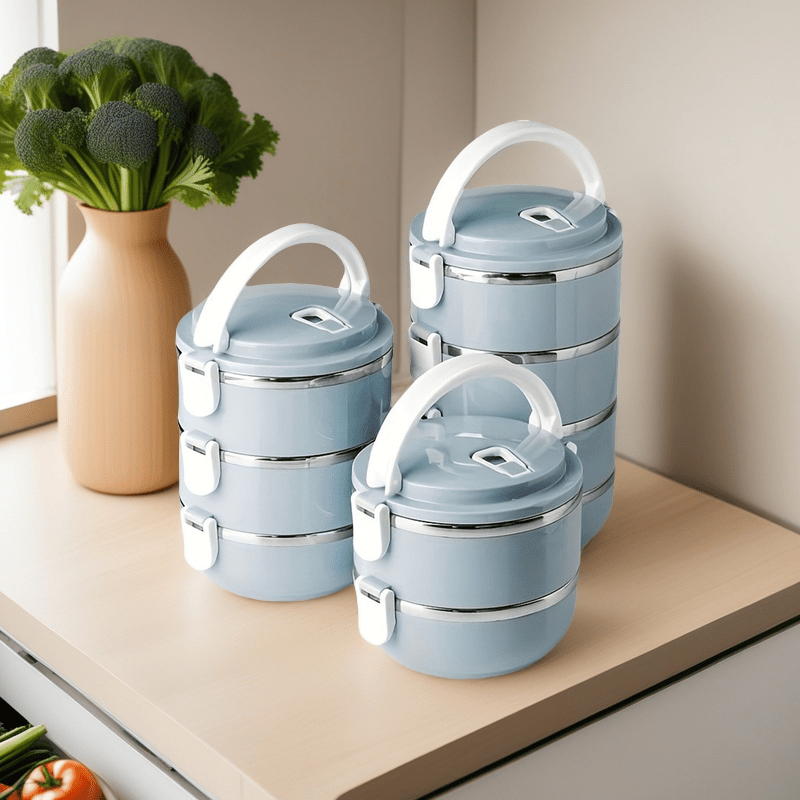 TEMU Stainless Steel Lunch Box Set - Insulated Bento Box With Lid, Hand Wash, Cylindrical, Hand Operated, Suitable For Office, School, Camping,