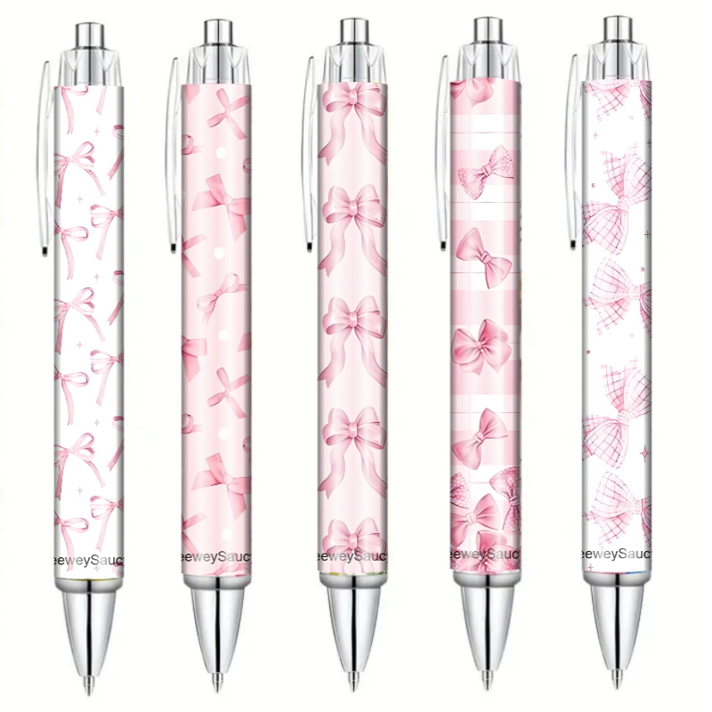 Image of 5pcs Bowknot Ballpoint Pen Gift Set, Featuring A Bowknot Ribbon Pen Collection, Retractable Smooth Writing Pens, Suitable For Girls, Women, Teachers, Office Supplies, And Party Gifts