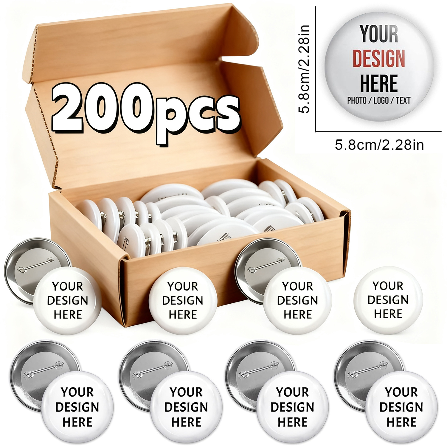 TEMU 200pcs Custom Metal Badges & Buttons, Personalized Design, Add Photos, Logos, Text - Round Pins, Ideal For , Branding, Crafts, Durable Sew-on