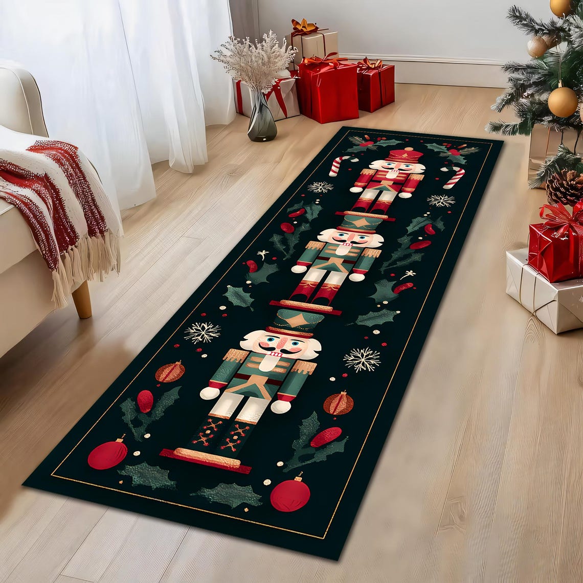 TEMU 1pc, Nutcracker-patterned Long Runner Rug, Made Of Flannel Fabric, Printed With 3 Classic Nutcracker Soldiers, With Christmas Balls And Holly
