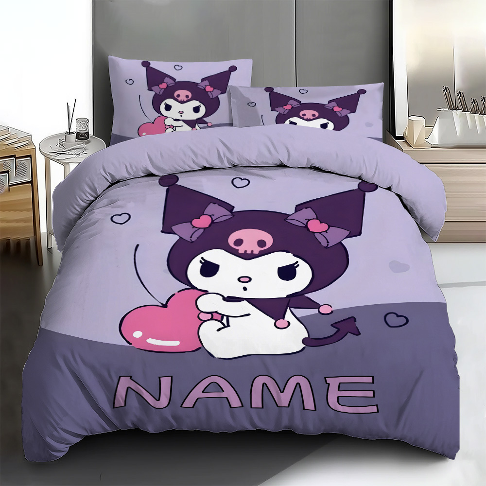 

Customizable 3pcs Sanrio Kuromi Bedding Set - Personalize , Polyester Duvet Cover & Pillowcases, , , For &