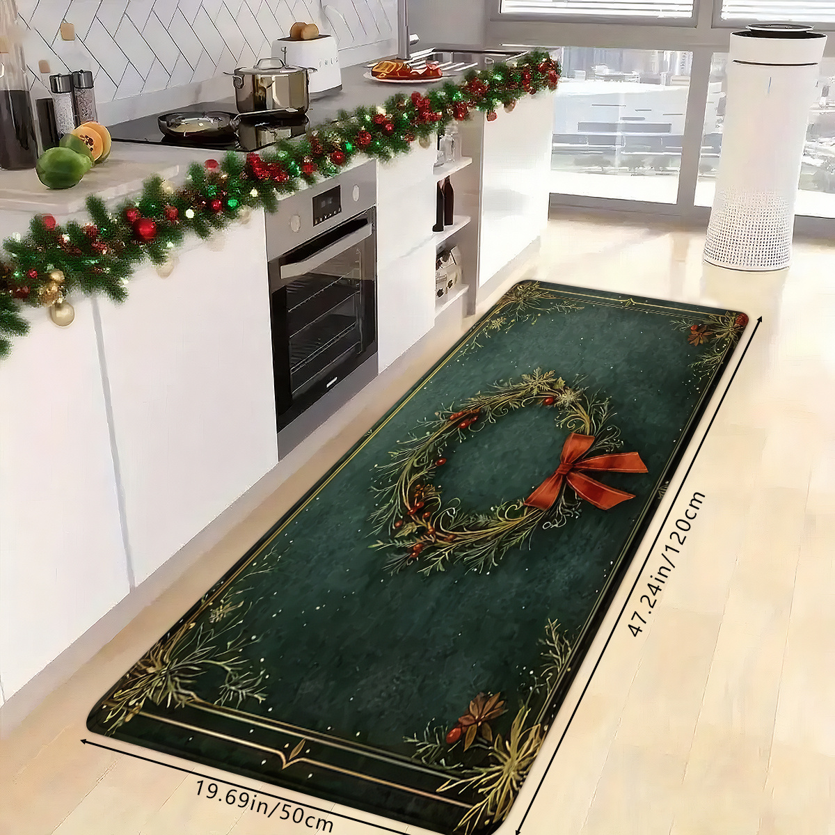 TEMU 1pc, [] Retro Dark Green Christmas Wreath Bow Welcome Door Mat, Entrance Door Non-slip Mat, Soft And Absorbent Bathroom Non-slip Mat, Christmas