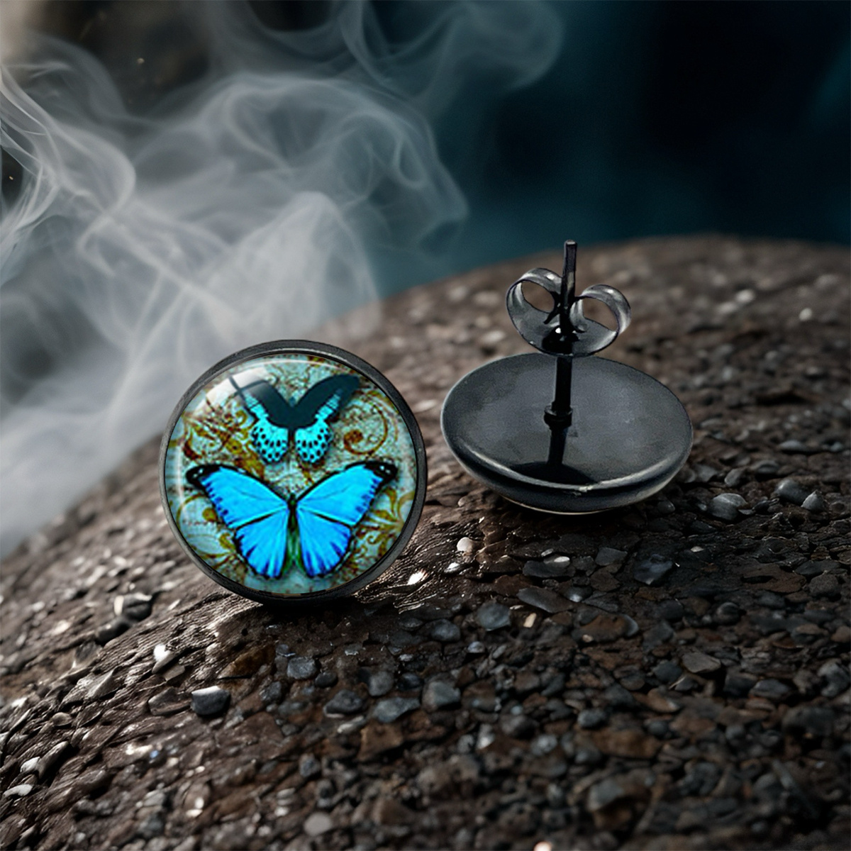 Vintage European Scroll Pattern Large Blue Butterfly Stud Earrings