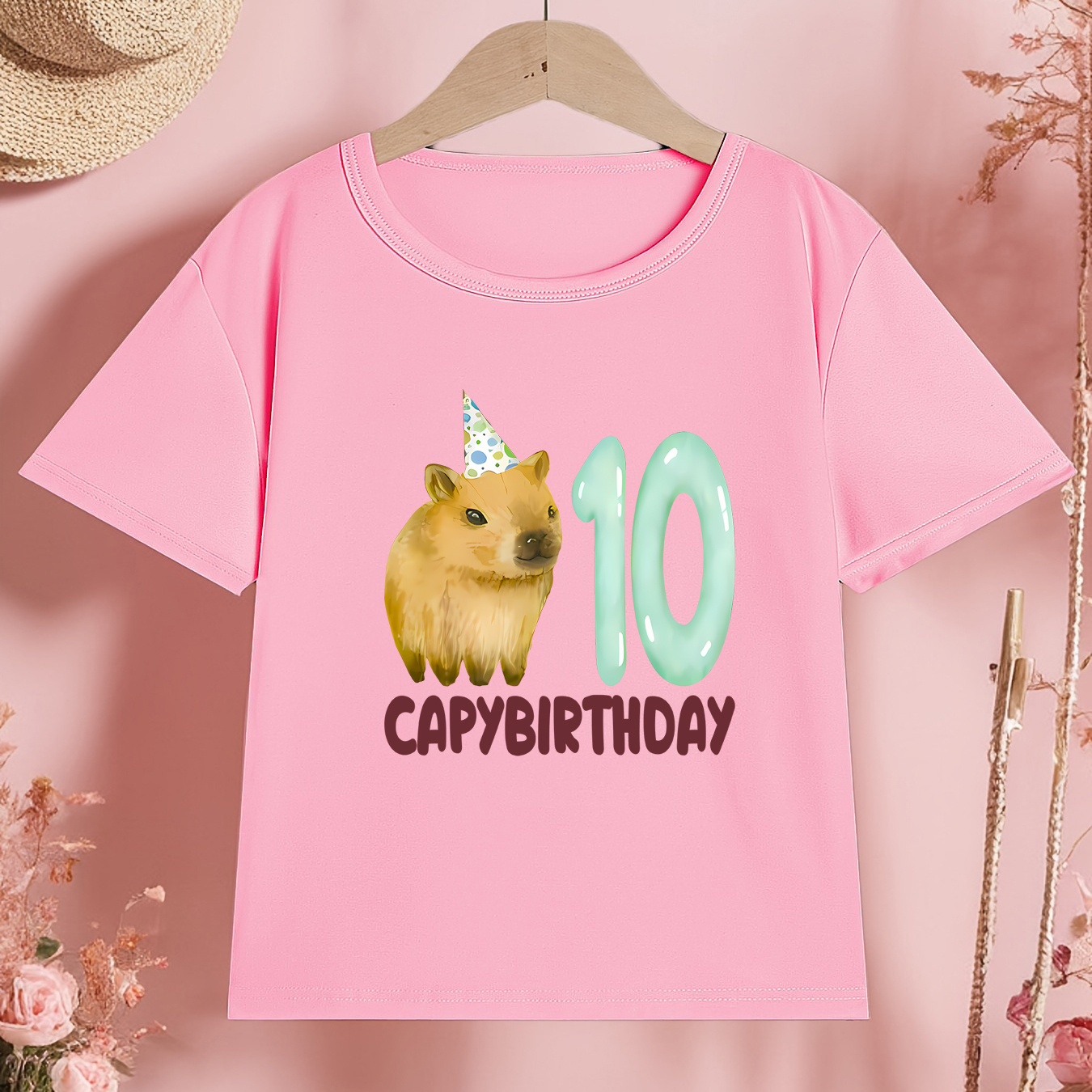 

1pc Capybara Neck T-shirt, Casual Comfortable Fashion Unisex Kids Tee, School & , 10th Birthday Gift - Knit Polyester Fabric With Stretch, Suitable For Spring/summer/fall