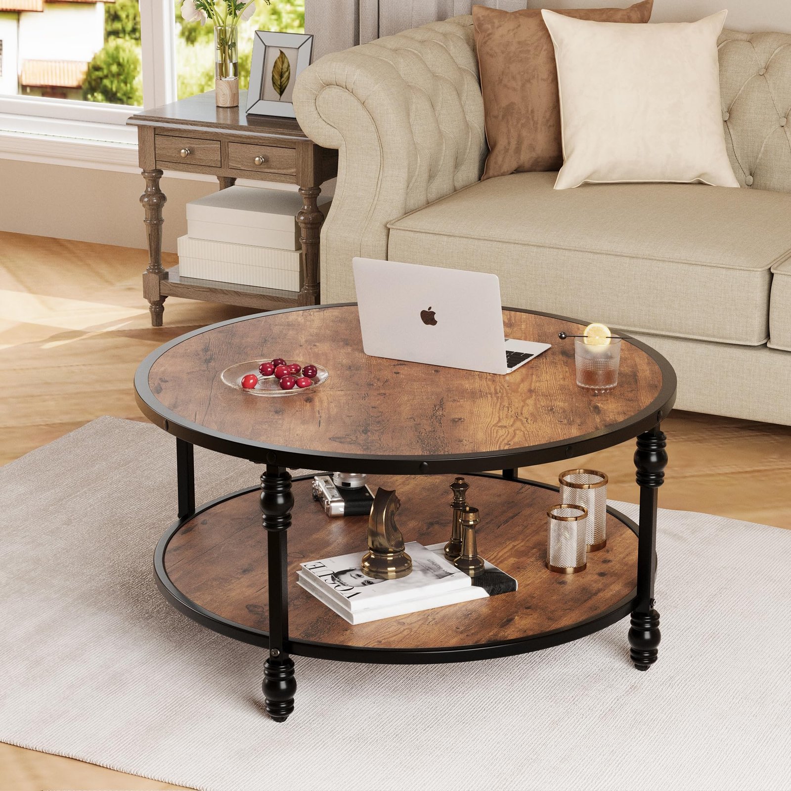 Retro European Style Round Coffee Table 2 Tier Design 34. 5 Inch Decorative Gourd Joint Roman Column Legs Metal Combined Structure For Room