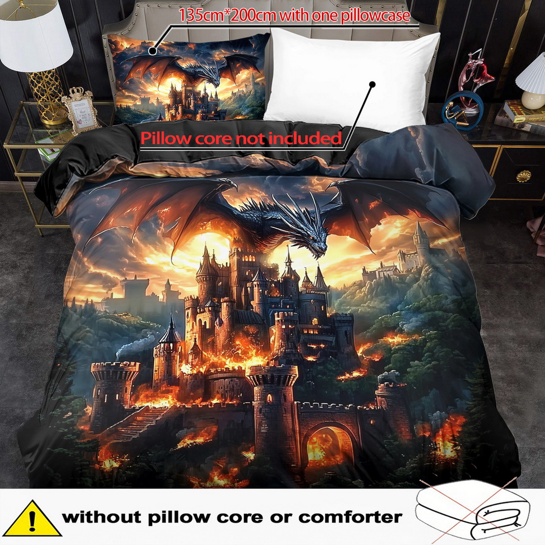 E-shop 2/3-teiliges Bettbezug-Set, Fantasy-Flammen-Drachen-Druck-Bettbezug-Set, King Bettwäsche, Polyester Maschinenwaschbar, Steppdecken-Dekoration,