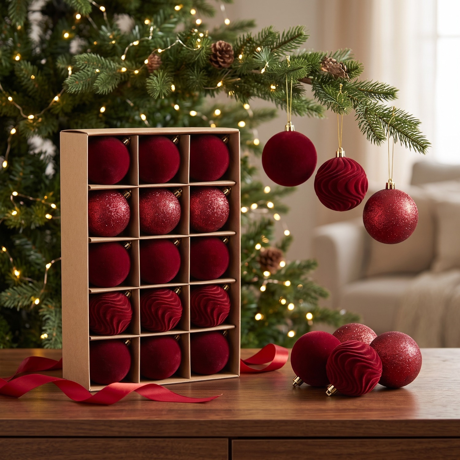 TEMU 15pcs Burgundy Christmas Ball Ornaments, Velvet Flocked Christmas Tree Balls With Assorted Textures, Shatterproof Xmas Hanging Decorations For