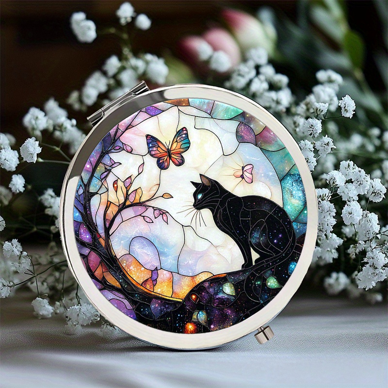 TEMU Portable Handheld Round Makeup Mirror With A Folding Design, Showcasing A Black Cat And Motif, Travel And Beauty Needs, Making It An Ideal Gift