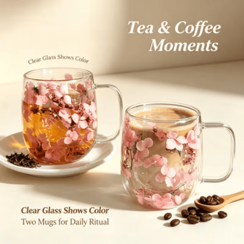 Image of 2pcs, Vibrant Pink Dried Flower Glass Cups, Perfect For Coffee, Milk, Beverages, And As Holiday Gifts