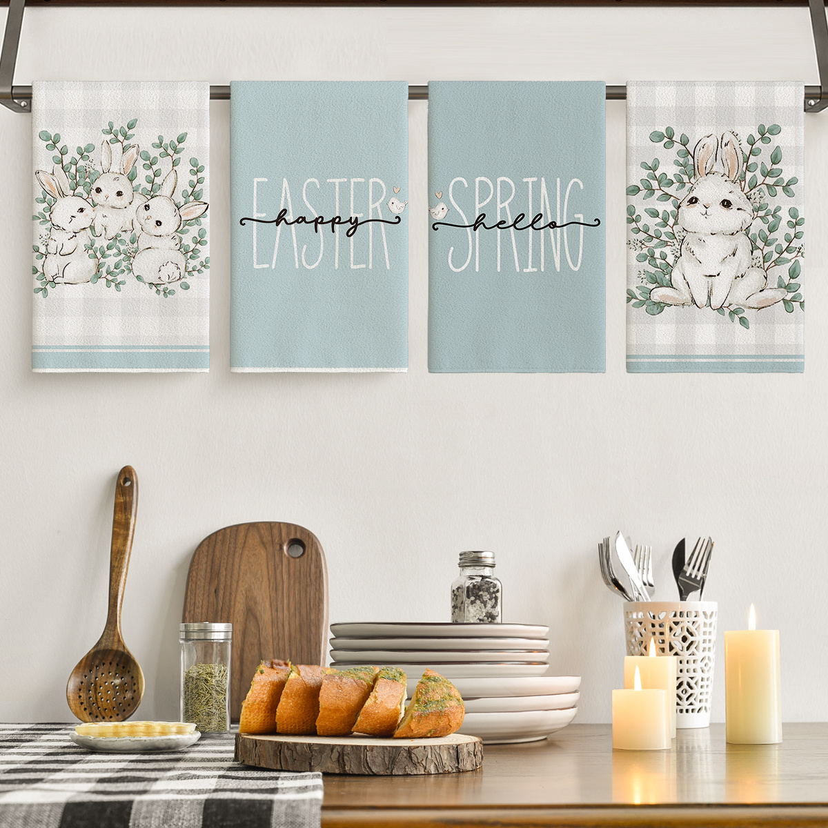 

Sm:)e Bunny Rabbit Eucalyptus Leaves Towels Dish Towels, 18x26 Inch Seasonal Spring Decoration Hand Towels Set Of Towels