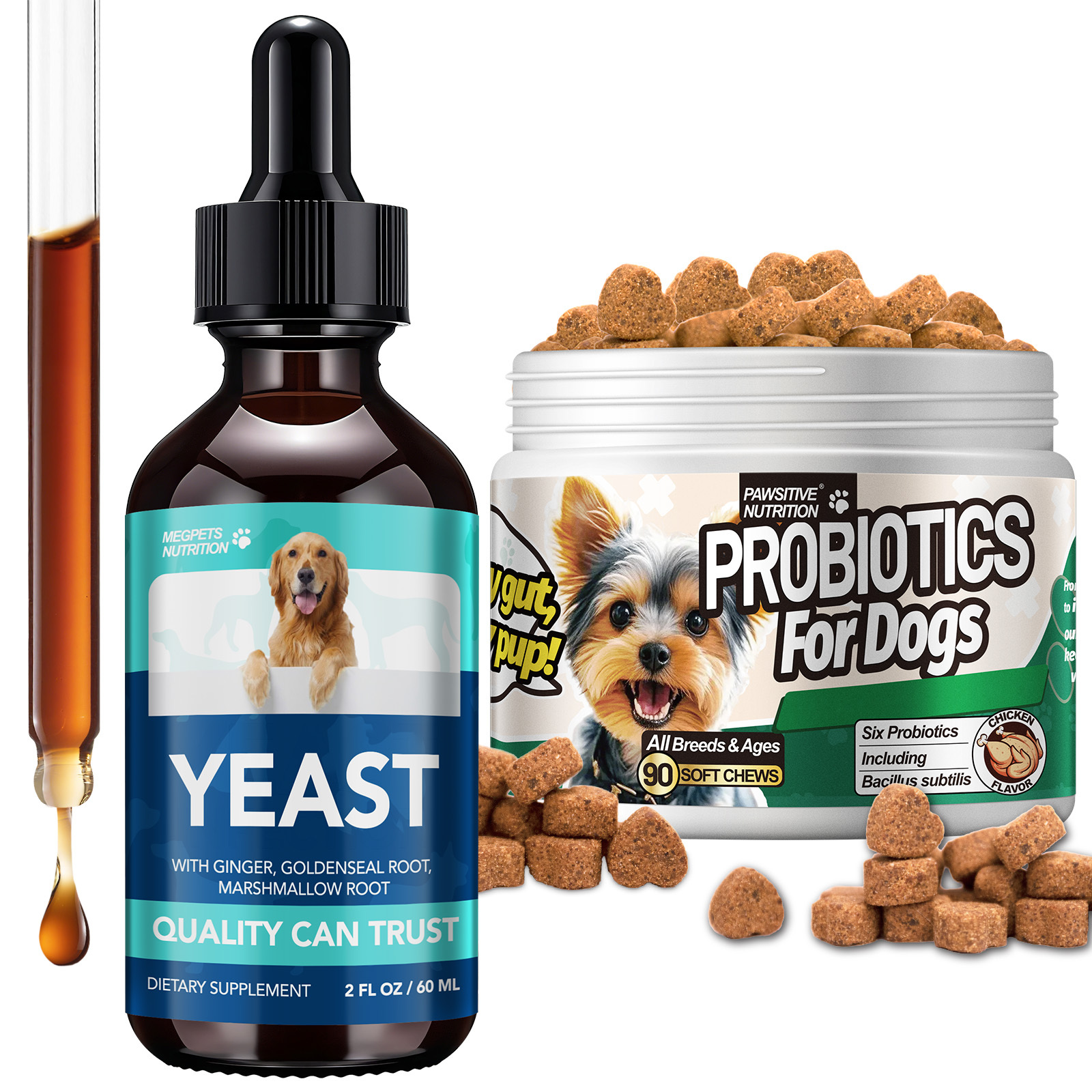 TEMU (1+1 Kit) Pet Yeast Health Drops And Probiotics Chews For Dogs And Cats Of For All Breeds And Ages | Supports Skin, Ear, Gut, And Digestive