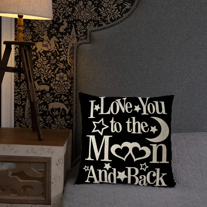 1pc romantic i love you and back plush pillowcase black white retro design with cursive lettering zipper closure soft plush texture valentines day couples gift wedding anniversary decorative cushion cover for bed sofa car moon phrases in elegant script hand wash only vintage style home decor no insert included Product details 0
