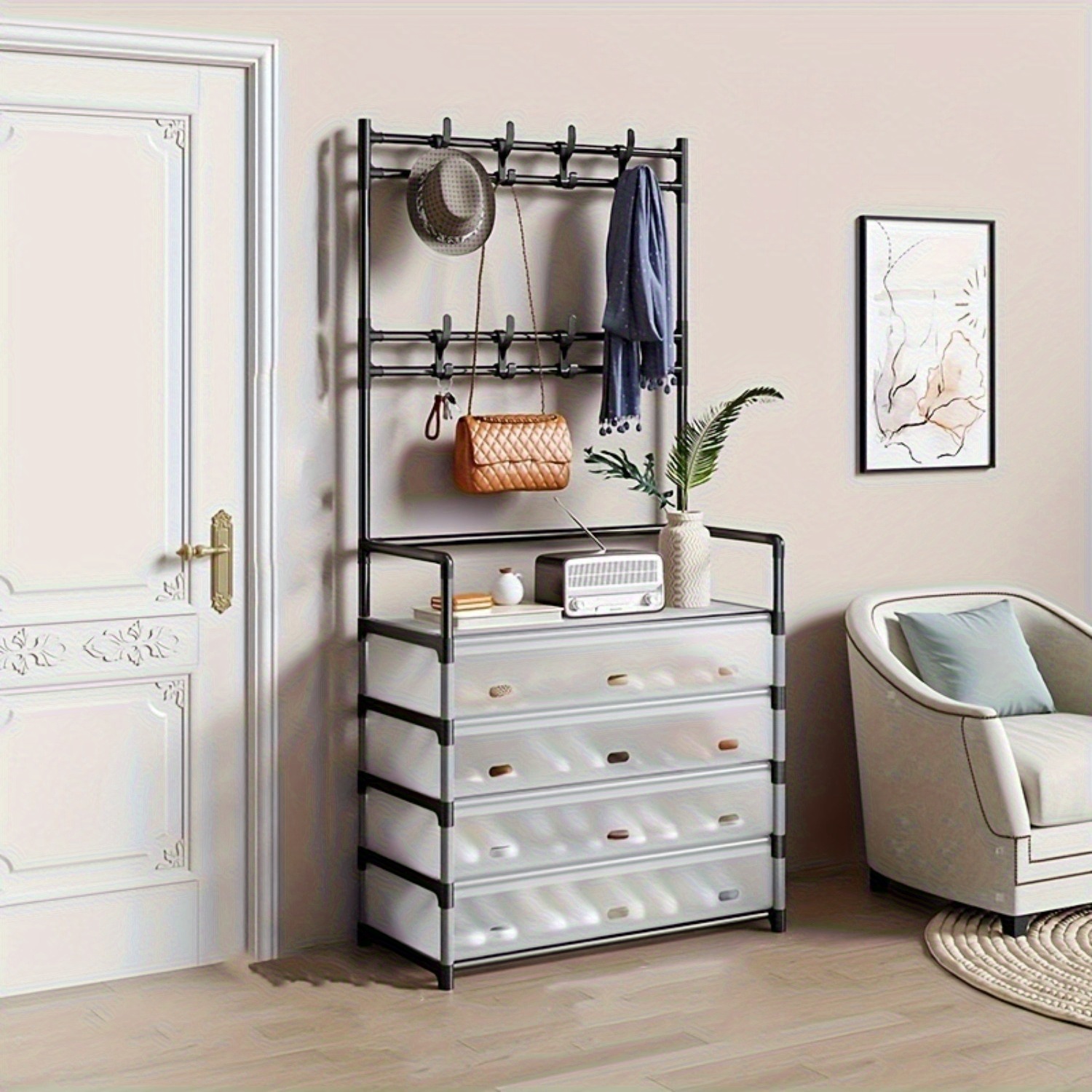 1pc 5-tier metal shoe & hat rack - space-saving entryway organizer with coat hooks, easy assembly, dustproof, no electricity needed, multi-functional storage for home & garage, ideal for bedroom & living room, shoe storage organizer, standing shelf, standing shelf Product details 8
