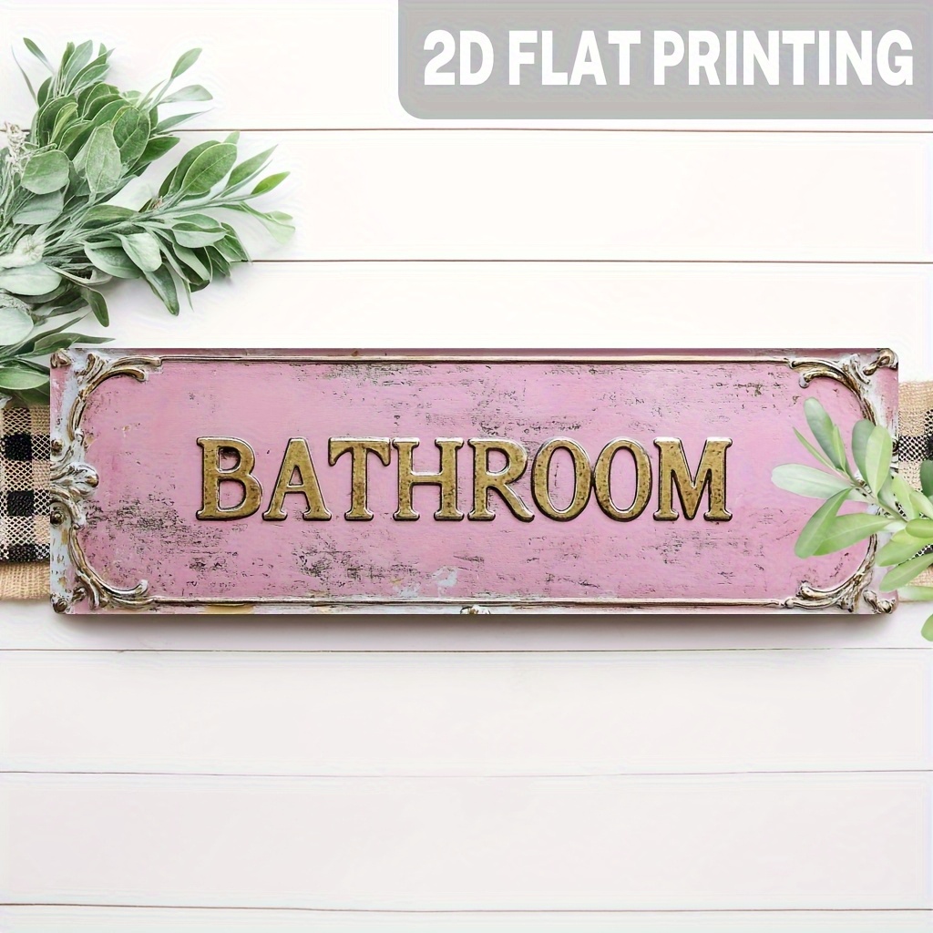 TEMU 2d Flat - A 2d Design Featuring A Bathroom Sign, Rustic Wooden Wall Decor, Golden Lettering, And Cottage-style Hanging Art, Suitable For A ,