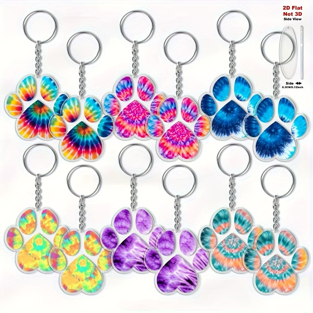 TEMU 2d Flat, Gift For Her/him 2d Flat[keyring Packs]- 12 2d Flat Dog Paw Keychains, Colorful Tie-dye Pet Accessories, Cute Dog Accessories, Perfect